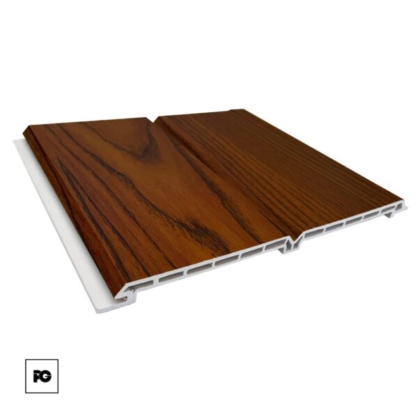 Wood-grain composite decking board with a hollow, interlocking underside profile in white edge.